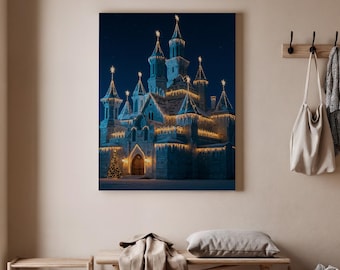 Lienzo decorativo de castillo de hielo navideño, impresión festiva de palacio invernal, escena de fantasía navideña con luces, decoración del hogar de temporada, decoración artística