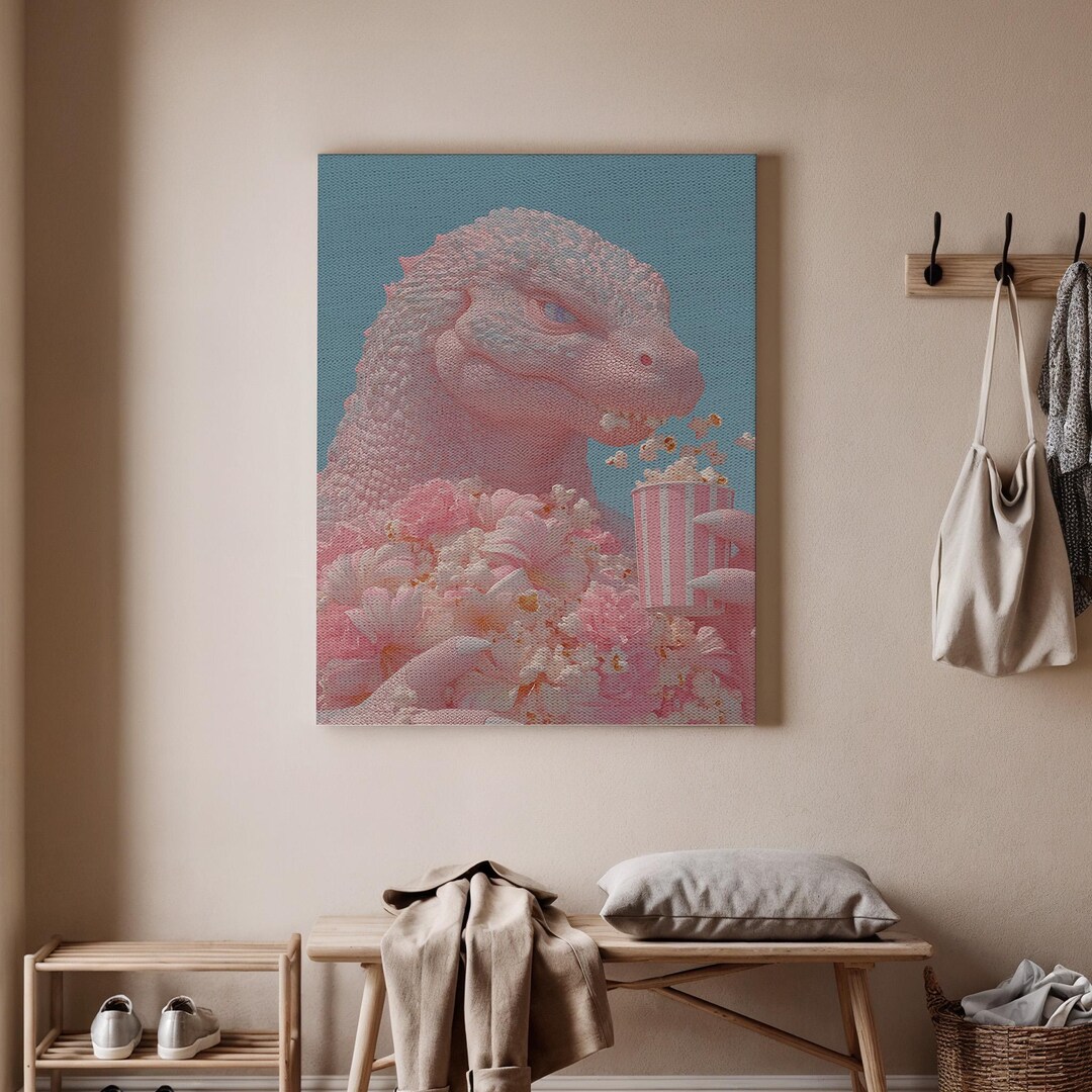 Kawaii Godzilla Art, Cute Godzilla Canvas Print, Floral Godzilla Wall ...