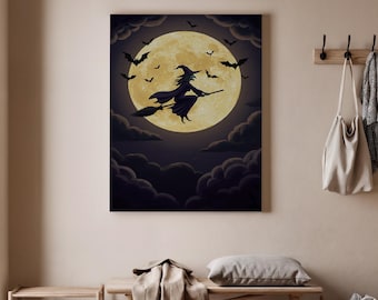 Gothic Witch Canvas Wall Art, Halloween Decor, Full Moon Spooky Artwork