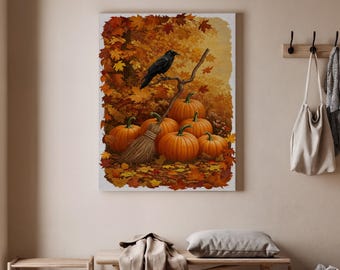 Lienzo decorativo de calabaza otoñal, estampado rústico de calabaza otoñal con cuervo y escoba, decoración de cosecha de Halloween, acogedora decoración otoñal para el hogar.