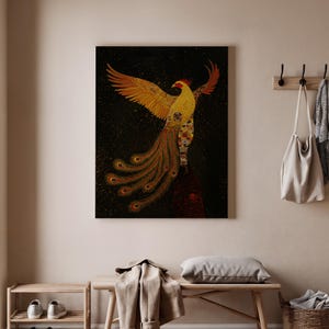 Arte mural de fénix dorado, impresión en lienzo de pájaro mítico, pintura majestuosa de pájaro de fuego, elegante póster de fantasía, decoración mística del hogar con fénix.