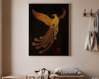 Golden Phoenix Wall Art, Mythical Bird Canvas Print, Majestic Firebird Painting, Elegant Fantasy Poster, Mystical Phoenix Home Decor