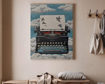 Vintage Typewriter Wall Art Canvas, Writer Office Decor, Cloud and Birds Painting, Literary Room Aesthetic Gift
