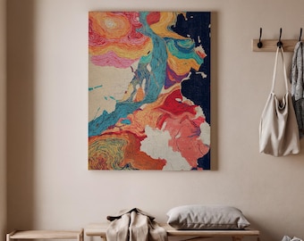 May include: Abstract art canvas with a colorful design. The artwork features swirling patterns in shades of orange, blue, red, and yellow against a neutral background. The canvas is rectangular and mounted on a wall, adding a vibrant touch to the room's decor.