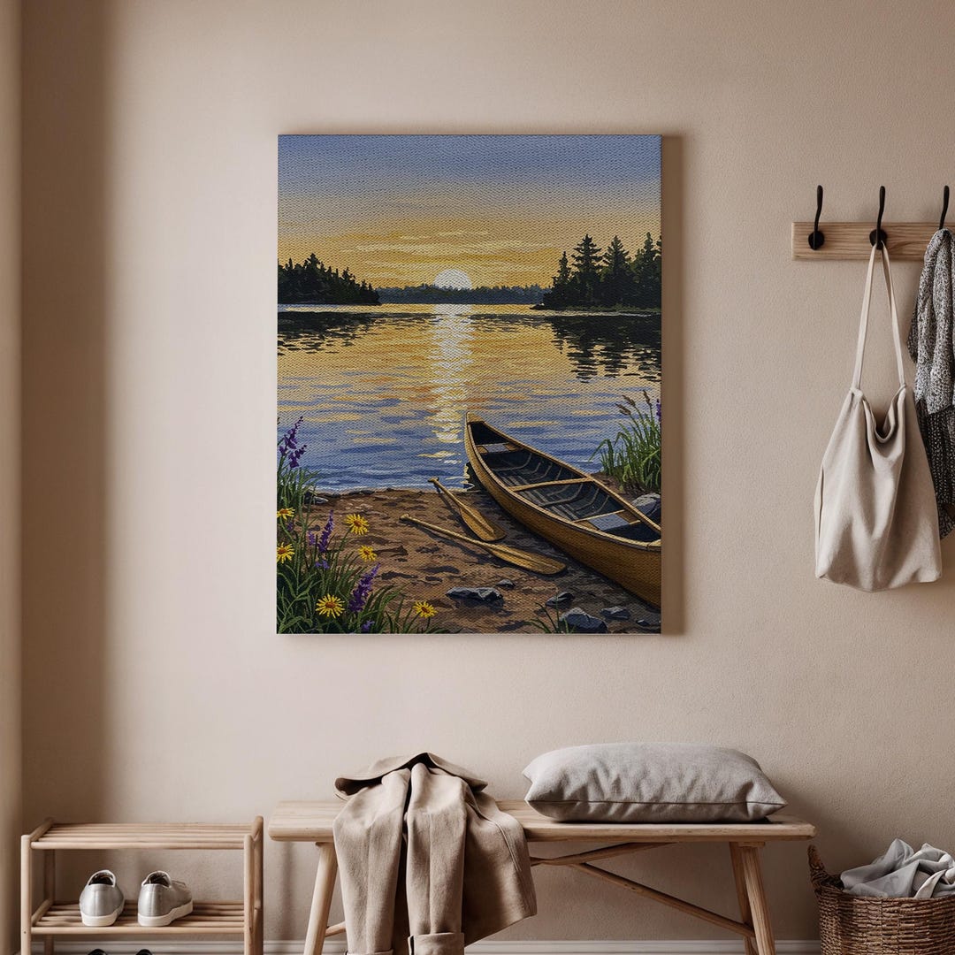 Lake Canoe Art Print, Serene Sunset Canvas Wall Art, Nature Landscape ...