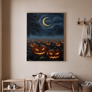 May include: A Halloween canvas print depicting a field of carved pumpkins with glowing faces under a crescent moon in a dark, misty night sky. The pumpkins are brown with carved, jagged smiles.