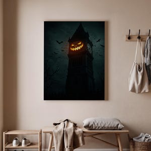 Halloween-canvaskonst med hemsökt klocktorn, läskigt torn med pumpaansikte, mörk gotisk Halloween-väggdekoration, canvastryck med kuslig natt