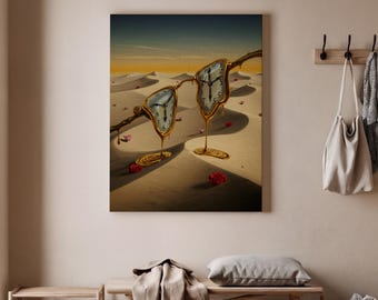 Surreal Melting Clocks Canvas Art, Abstract Time Dali Inspired Wall Decor, Golden Desert Landscape Painting, Modern Surrealist Canvas