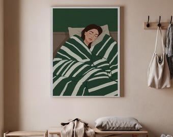 Quadro em tela com mulher aconchegante em manta listrada, ilustração minimalista de mulher dormindo, decoração de parede moderna para quarto ou sala de estar.