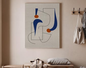 Abstract Geometric Art, Bold Blue and Orange Print, Modern Shape Wall Art, Minimalist Contemporary Canvas, Abstract Line Art, Art Decor