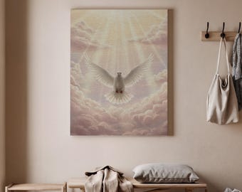 May include: A canvas print depicts a white dove with outstretched wings, soaring amidst fluffy, pink-tinged clouds. The artwork features a radiant, golden light emanating from above, creating a serene and spiritual atmosphere. The print is displayed on a wall in a neutral-toned room.