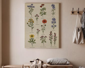 Vintage Wildflower Wall Art, Botanical Canvas Print, Cottagecore Floral Poster, Neutral Beige Nature Home Decor
