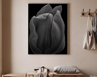 Zwart-wit canvas tulp, minimalistische bloemenmuurkunst, elegante bloemenprint, zwart-wit woondecoratie voor woonkamer of keuken, kunstdecor