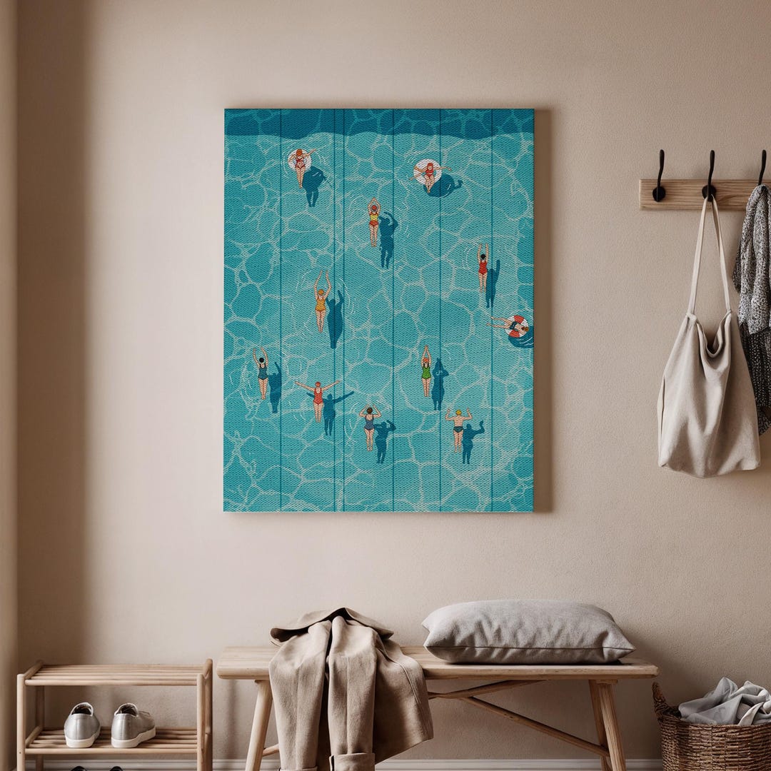 Swimming Pool Canvas Wall Art, Summer Swimmers Illustration Print ...