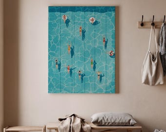 Swimming Pool Canvas Wall Art, Summer Swimmers Illustration Print, Vibrant Retro Aquatic Decor for Modern Living Room or Office, Art Decor