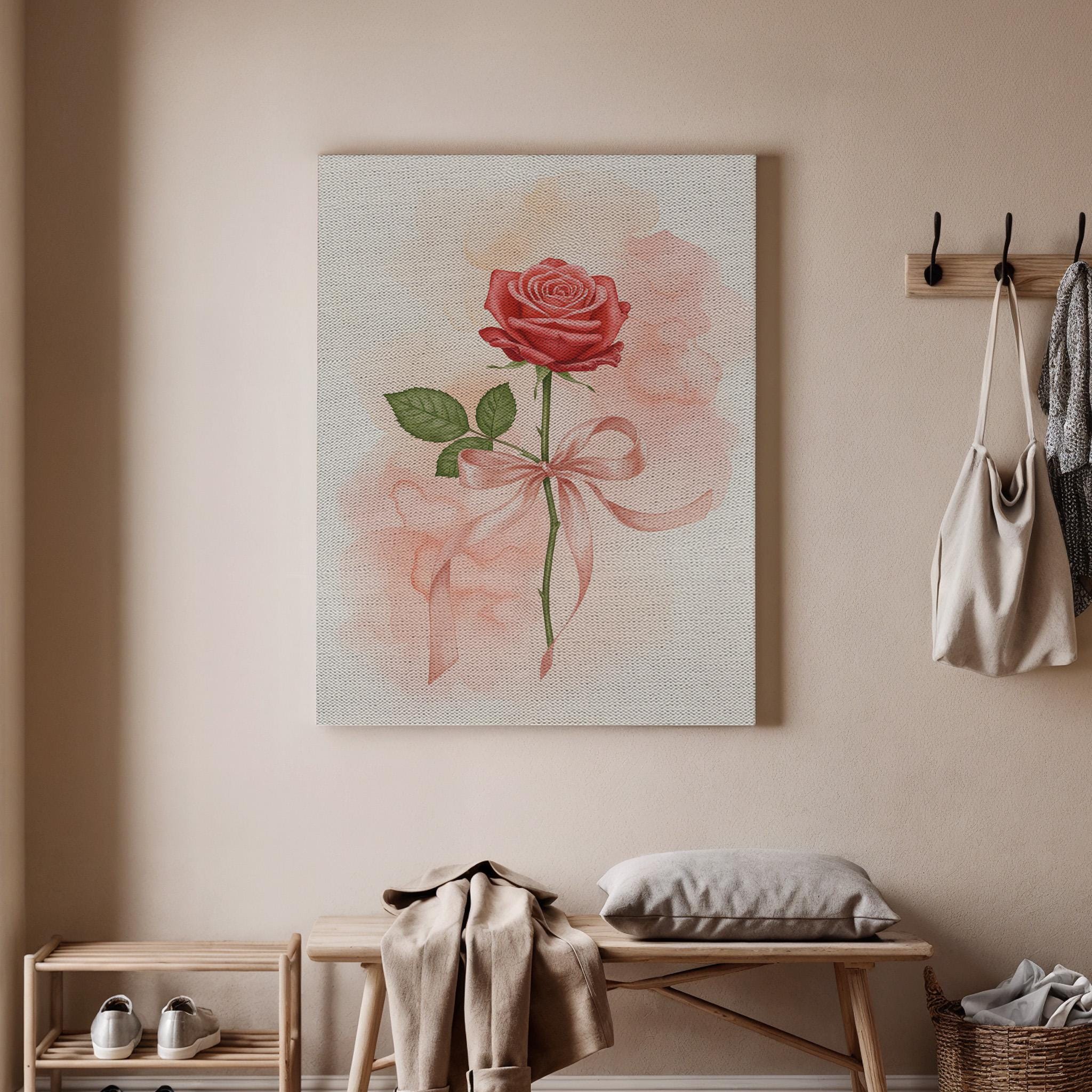 Romantic Pink Rose Canvas Wall Art, Elegant Floral Bow Print ...