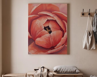 Cuadro de flores de peonía, impresión floral en lienzo, pintura de flores rosas, decoración minimalista para dormitorio, arte botánico para pared, obra de arte floral de gran tamaño.