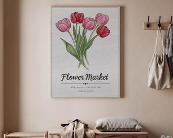 Framed Flower Market Canvas Print, Vintage Tulip Botanical Wall Art, French Country Farmhouse Decor for Kitchen, Living Room or Entry