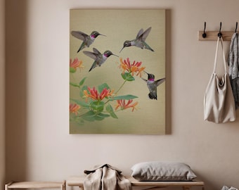 Kolibrie kunstafdruk, kleurrijke vogel poster, bloemen kunst aan de muur, op de natuur geïnspireerde kolibrie canvas, helder bloemendecor, kunstdecor