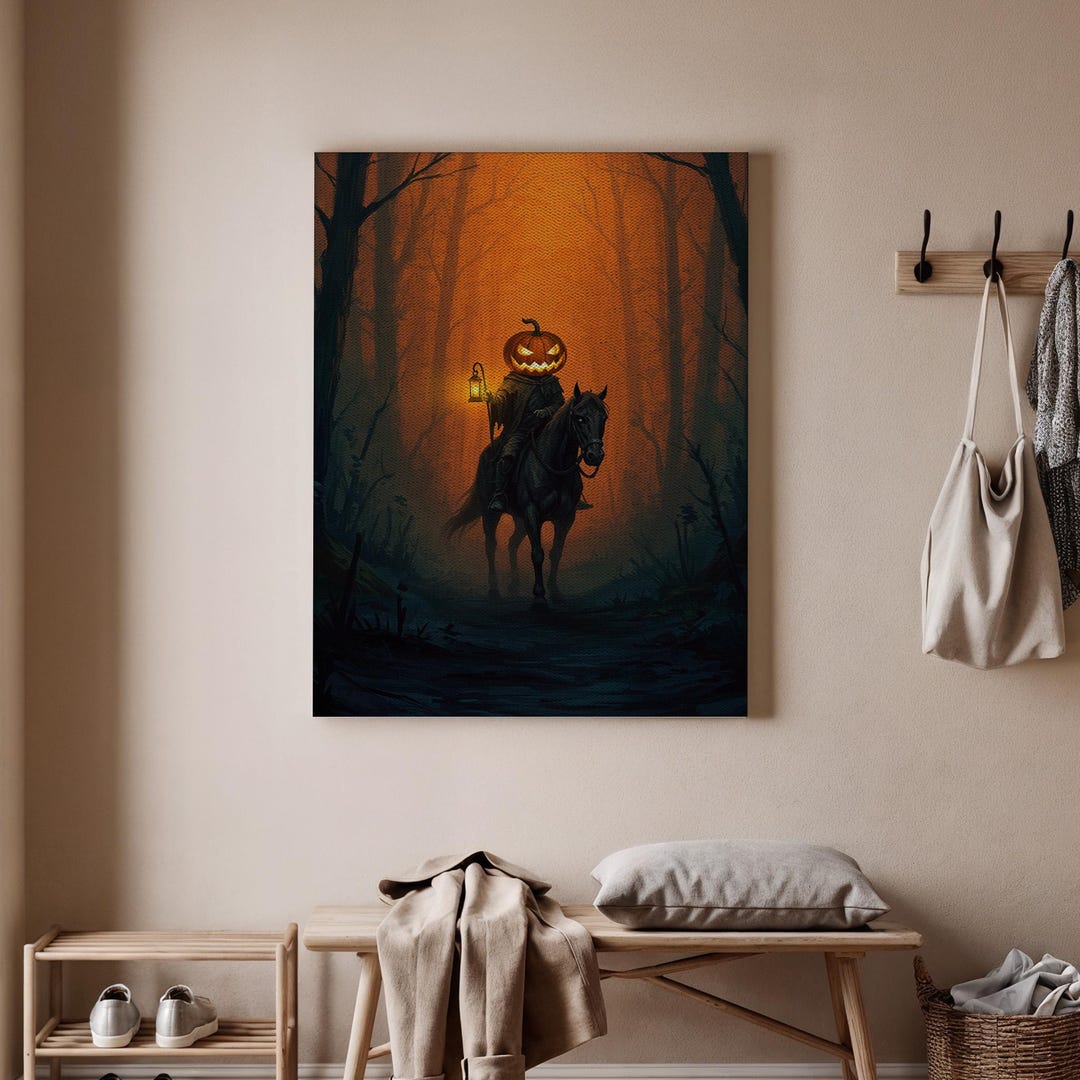 Headless Horseman Halloween Canvas Art, Pumpkin Rider in Dark Forest ...