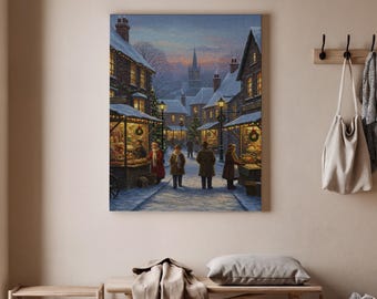 Puede incluir: Una impresión en lienzo que representa una escena de un pueblo nevado al anochecer. La obra de arte muestra una calle bordeada de tiendas, iluminadas por luces cálidas, con gente paseando por el camino cubierto de nieve. Un campanario de iglesia se alza a lo lejos.