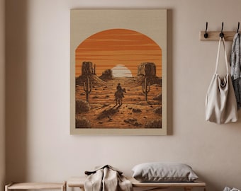 Western Cowboy Sonnenuntergang Leinwand, Wüstenreiter Wandkunst, Rustikale Landschaft Poster, Sonnenuntergang im Vintage Stil Cowboy Dekor
