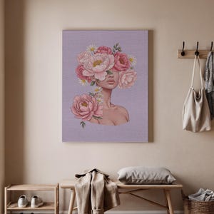 Floral Woman Canvas Wall Art, Modern Botanical Portrait Print, Feminine Flower Head Poster, Elegant Bloom Art Home Decor, Art Decor