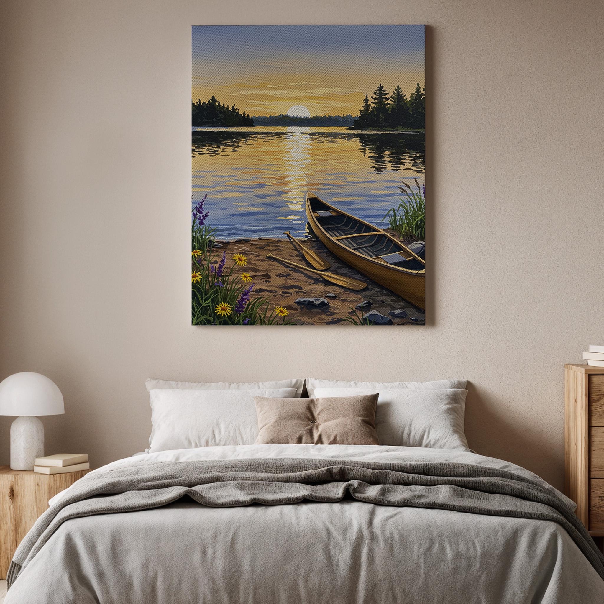 Lake Canoe Art Print, Serene Sunset Canvas Wall Art, Nature Landscape ...