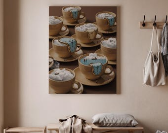 Op de afbeelding: Een surrealistische kunstprint met meerdere beige theekopjes, elk met een smeltende klok en wolkenachtige elementen erin. De klokken zijn blauw en goud. De kopjes staan op bijpassende schotels. Het kunstwerk creëert een dromerige sfeer.