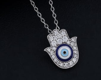 925 Sterling Silver Hamsa Evil Eye Necklace, Moissanite Amulet Pendant, Spiritual Symbol Jewelry