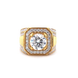 Men’s Gold 10 mm Round Moissanite  Ring | 925 Sterling Silver Iced Out Hip Hop Ring | Big Statement Engagement Ring | Gift for Him | USA UK