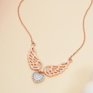 Angel Wing Heart Necklace | Gold Plated 925 Silver Pendant | Sparkling Heart Charm Necklace | Gift for Her | Guardian Angel Jewelry