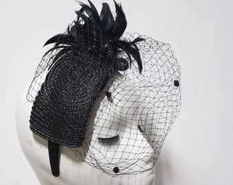 Chapeau bibi noir haut de gamme fait main | Chapeau de mariage| Chapeau Ascot|Chapeau Derby Kentucky|Bibi plume| Chapeau d'invité de mariage | Chapeau noir| Goûter