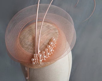 Chapeau bibi couleur pêche haut de gamme fait main avec perles | Chapeau de mariage| Derby Ascot Kentucky | Bibi à noeuds| Chapeau d'invité de mariage