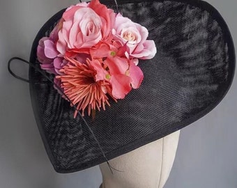 Chapeau bibi haut de gamme noir et rouge fait main | Chapeau de mariage| Chapeau Ascot| Casquette derby Kentucky | Fascinator floral| Chapeau d'invité de mariage | Chapeau noir