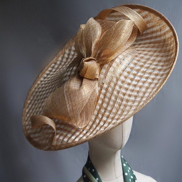 Handmade Premium Gold Fascinator Hat with Big Bow| Wedding Hat| Ascot Kentucky Derby Hat| Bow Fascinator| Wedding Guest Hat