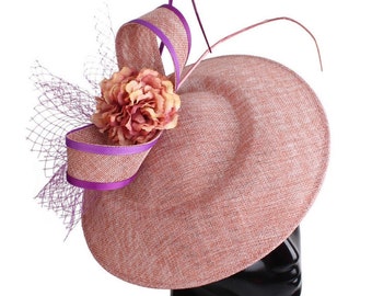 Elegante tocado de color de contraste hecho a mano con rizos de flores y red/ Kentucky Derby Royal Ascot Racing /Sombrero de invitado/Madre de la novia