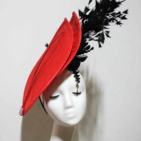 Handgemachter roter und schwarzer Hochzeits-Fascinator |Kentucky Derby-Hut|Royal Ascot Racing Hat| Blumen Rot für Frau|Hochzeitsgast Hut|Mutter der Braut