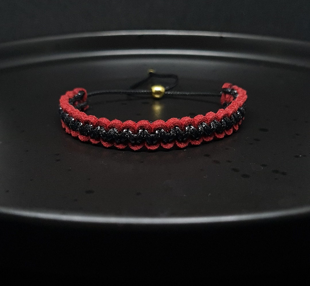Macrame Square Knot Bracelet , Suede and Wax String, Deep Red and Black