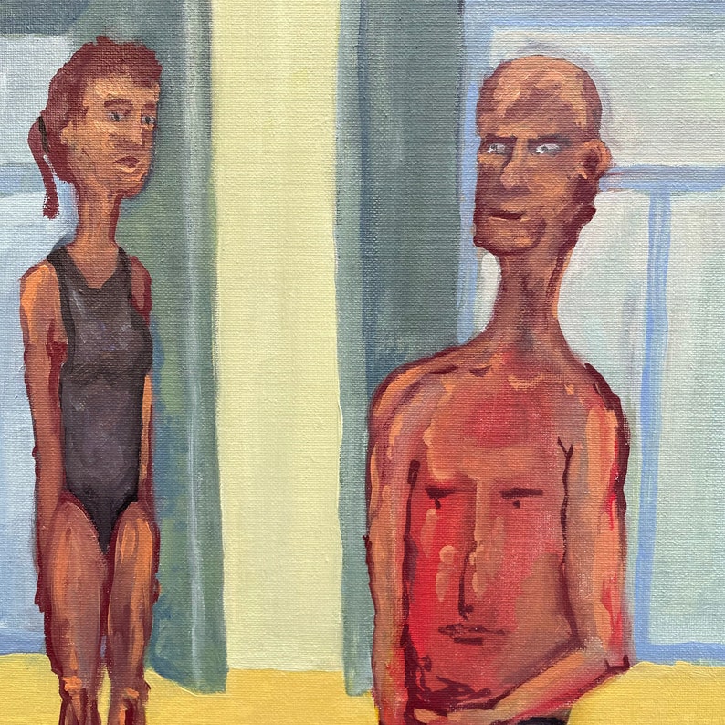Puede incluir: Una pintura de dos personas, una mujer con un traje de ba&ntilde;o negro y un hombre con el pecho desnudo, de pie frente a una pared con un patr&oacute;n amarillo y azul.