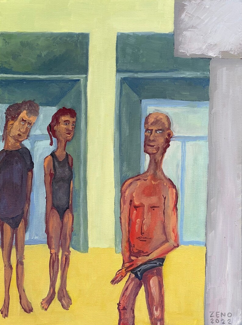 Puede incluir: Una pintura de tres personas de pie en una habitaci&oacute;n con paredes verdes y amarillas. La persona de la derecha est&aacute; sin camisa y lleva un ba&ntilde;ador negro. Las dos personas de la izquierda llevan ropa negra. La pintura est&aacute; firmada "ZENO 2022".