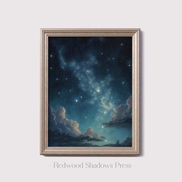 Printable Stars Wall Art - Digital Download Sky Painting - Celestial Art Print - Clouds Dark Academia Moody Aesthetic