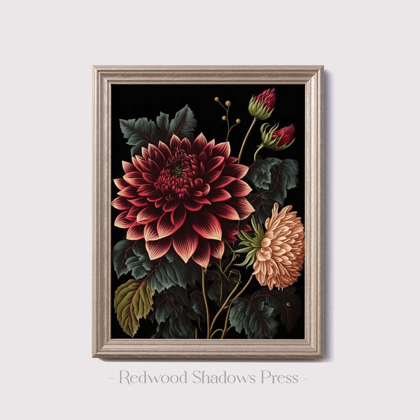 Vintage Dahlia Art Print - Dark Floral Wall Art - Printable Botanical Poster - Dark Academia Decor - Dark Cottagecore Aesthetic