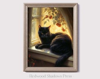 Printable Black Cat Art Print - Cozy Room Decor - Cottagecore Decor - Cosy Downloadable Wall Art - Cat Painting - Instant Digital Download
