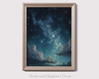 Printable Stars Wall Art - Digital Download Sky Painting - Celestial Art Print - Clouds Dark Academia Moody Aesthetic