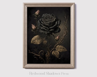 Vintage Black Rose Art - Digital Prints Wall Art - Gothic Home Decor - Floral Printable Poster Download - Dark Aesthetic Room Decor