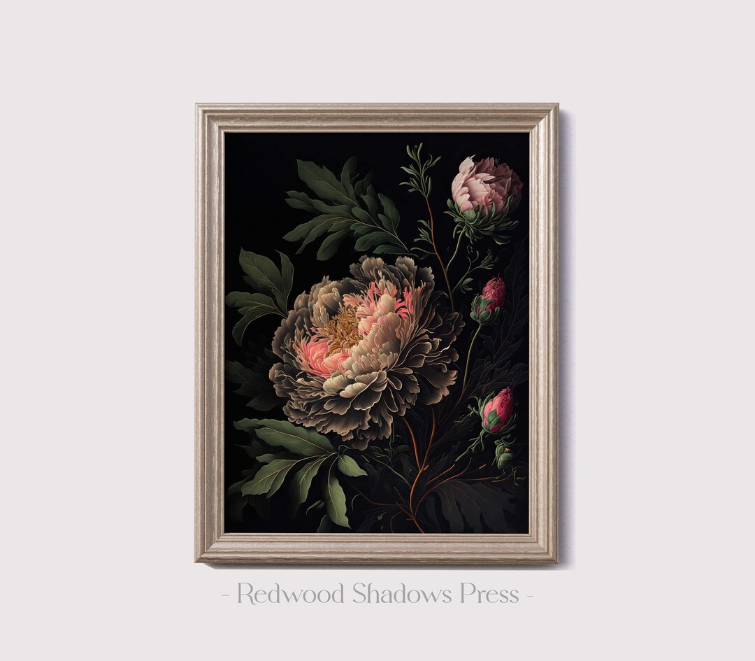 Vintage Peony Art Print Dark Floral Wall Art Printable Botanical Poster ...