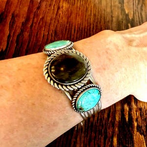 Vintage Navajo Sterling Silver Cuff Bracelet Shepherd Teesyatoh Signed Labradorite Turquoise 54g