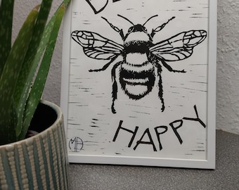 Linoprint A4 - BEE HAPPY