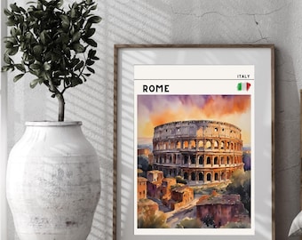 Rome Colosseum Watercolor Print – Vintage Italy Travel Poster (Digital Download)